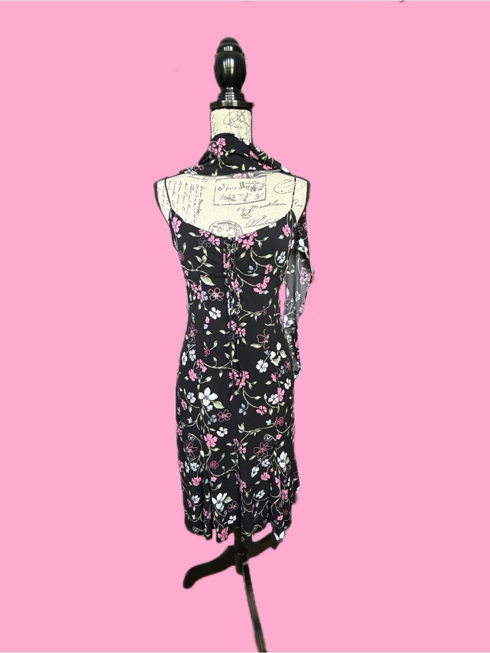 Papell Boutique Black Floral Beaded Midi Dress with Pink and White Blooms
